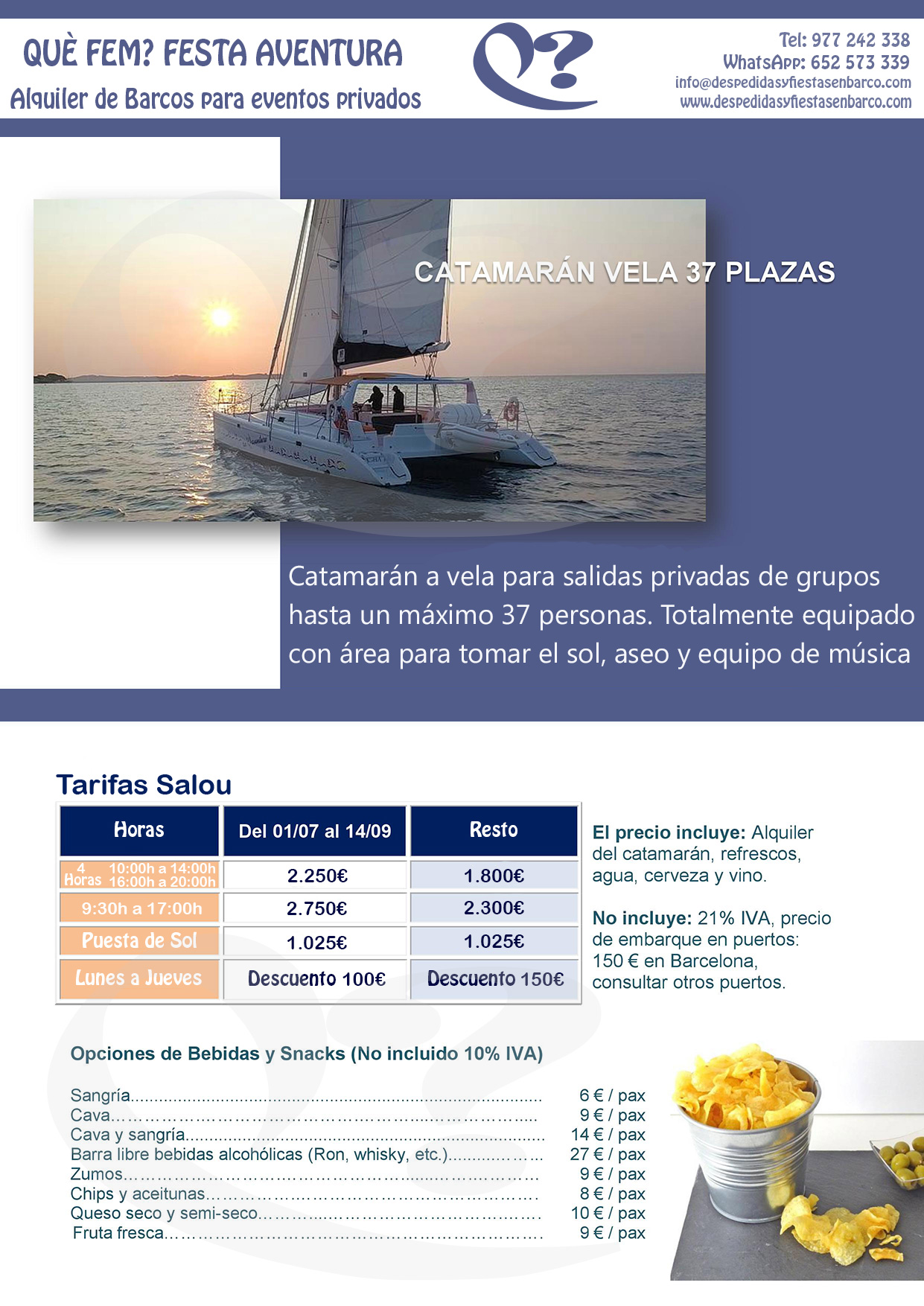 Información Alquiler de Barcos para fiestas privadas en Tarragona, Salou y Cambrils